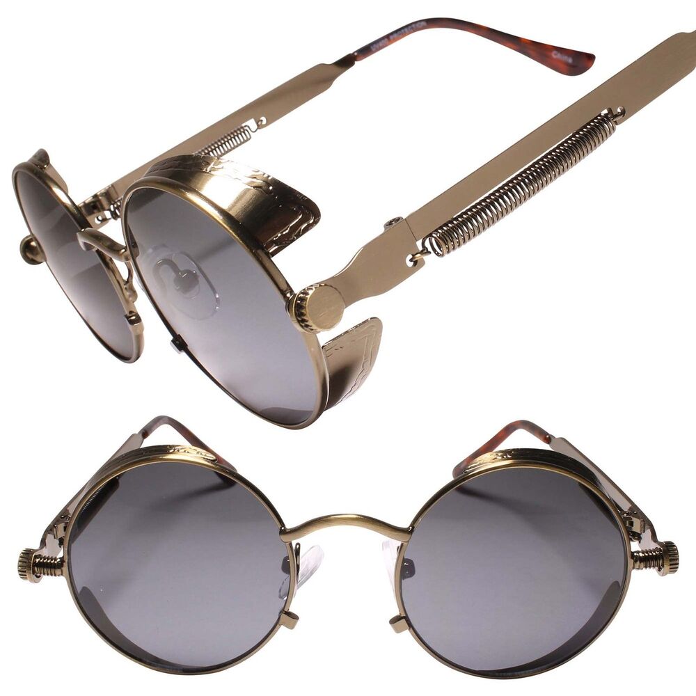 Brown Steampunk Sunglasses w/ Side Shield Mysterious Edgy Fashion Round Goggles